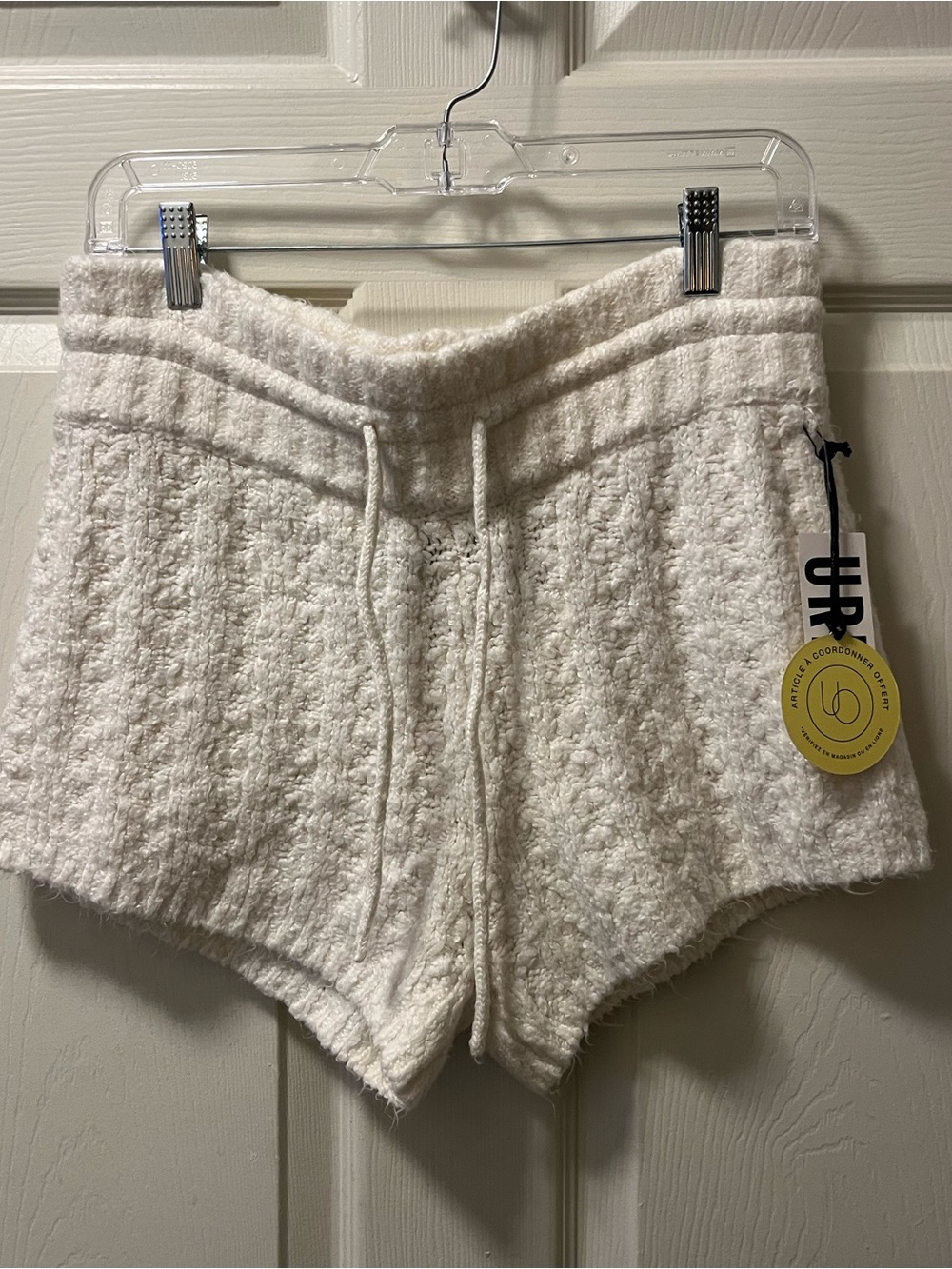 Urban Outfitters Cozy Fuzzy Cream Knit Shorts High Waist Tie Size Large NWT